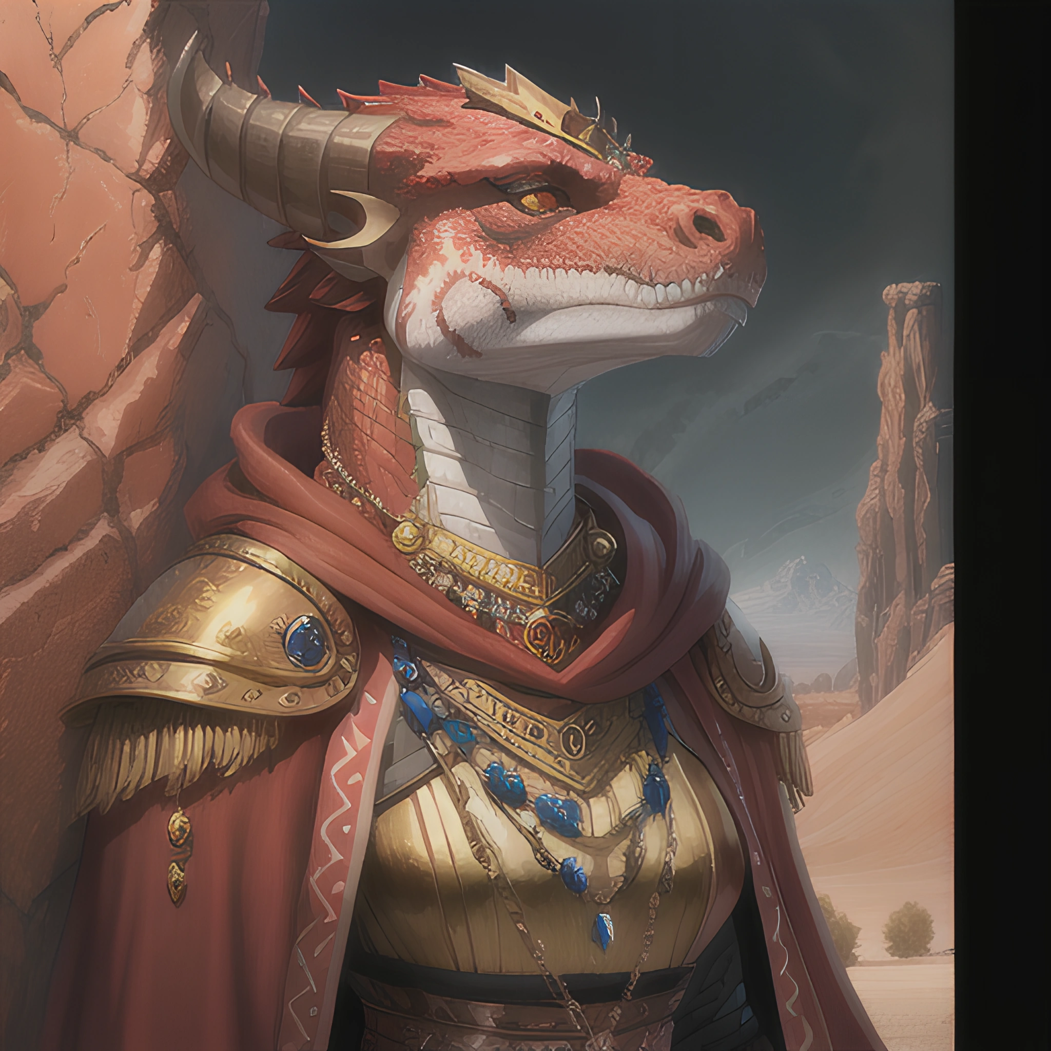 alt=Uma pintura de uma Draconato vermelha com um manto vermelho, roupas douradas e uma tiara de ouro, Ekali Zidheol - Soberana de Oásis|miniaturadaimagem|290x290px|Ekali Zidheol - Soberana de Oásis